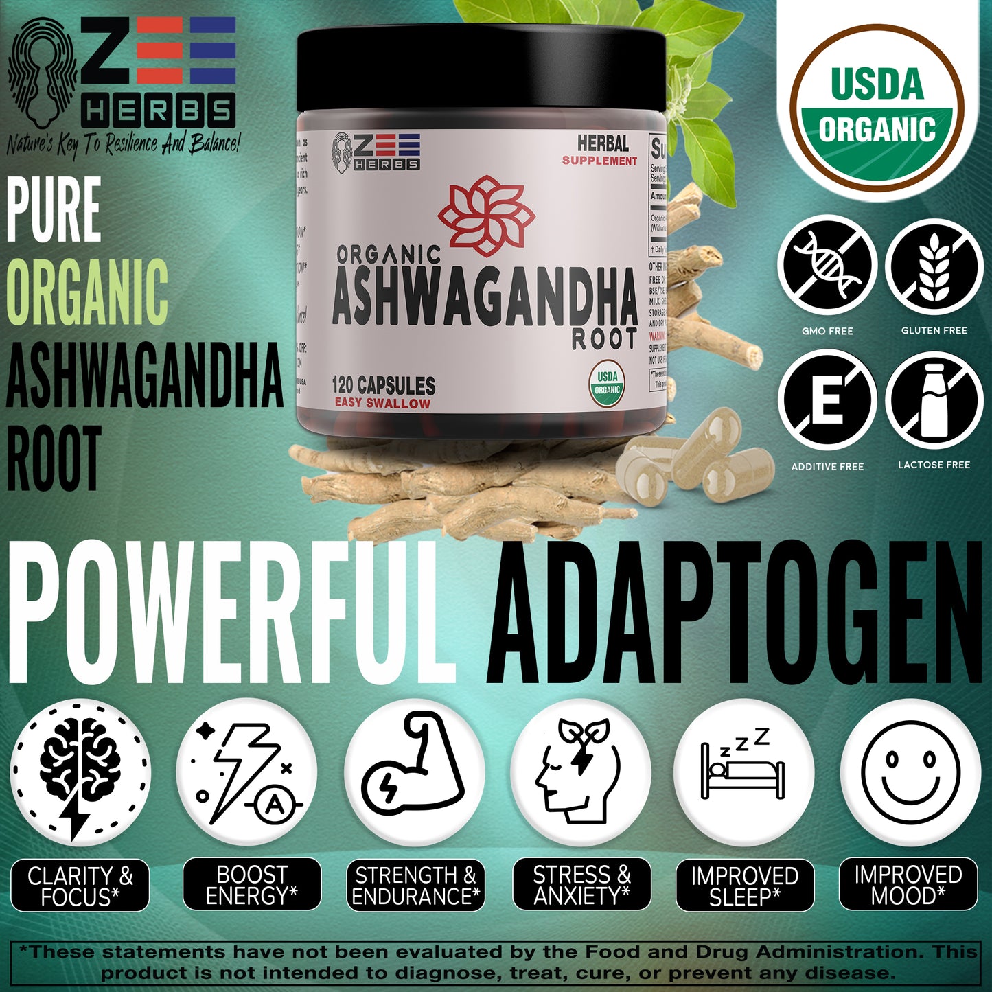 Ashwagandha Pure Organic Root Powder Supplement - Mood Support, Focus, Increase Energy, Strength, 1500mg of Natural Root Powder for Powerful Adaptogen - 120 Capsules