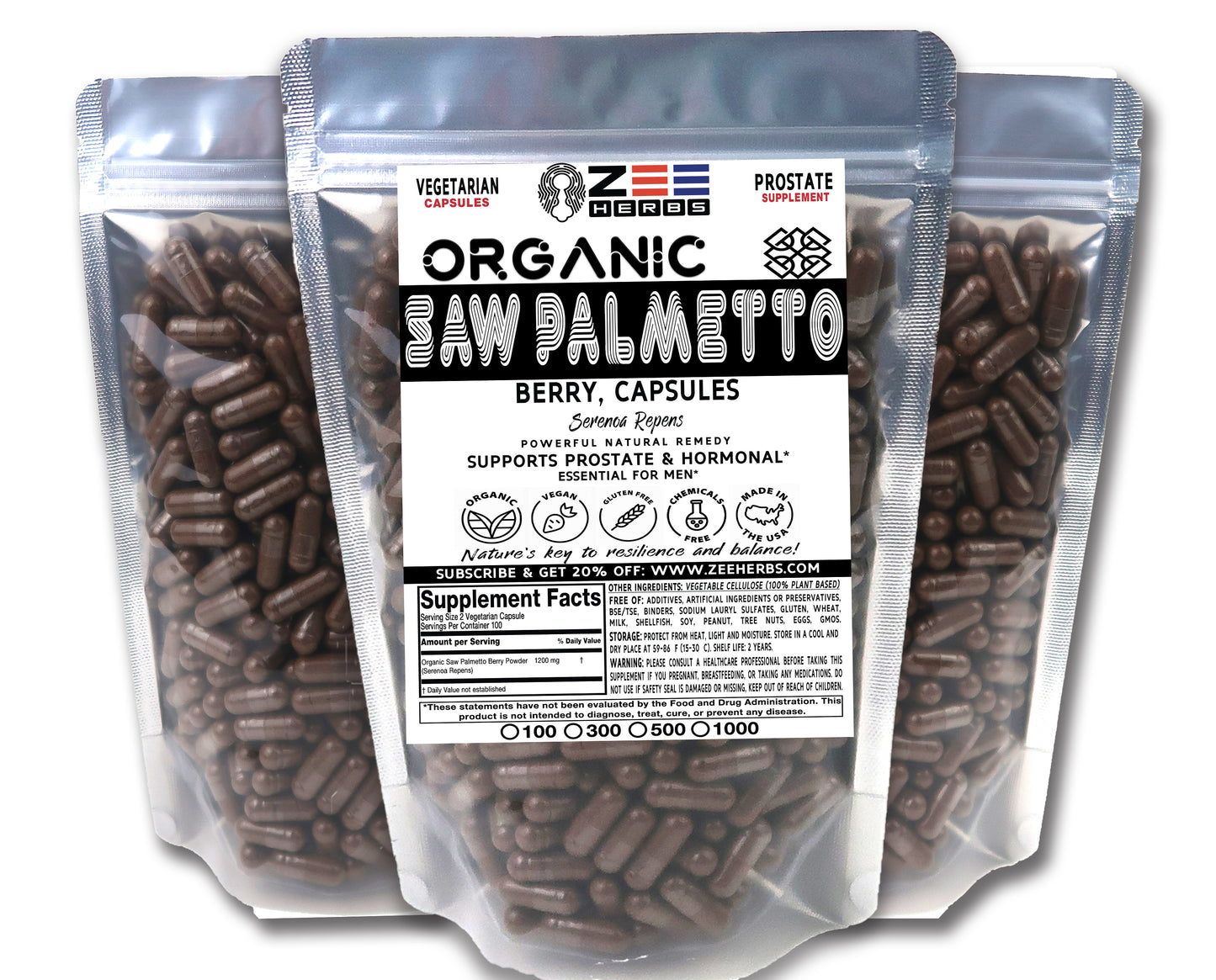 Saw Palmetto Berry Capsules - 1200mg Pure Natural Organic Saw Palmetto Berry Powder, Prostate Supplement