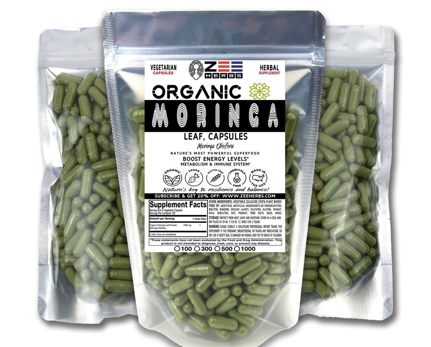 Moringa Capsules - 1800mg Natural Pure Organic Moringa Oleifera Leaf Powder