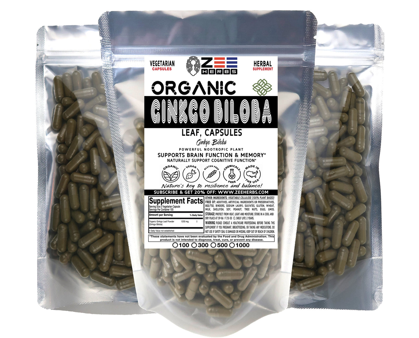 Ginkgo Biloba Capsules - 1200mg of Natural Pure Organic Ginkgo Biloba Leaf Powder, Herbal Supplement