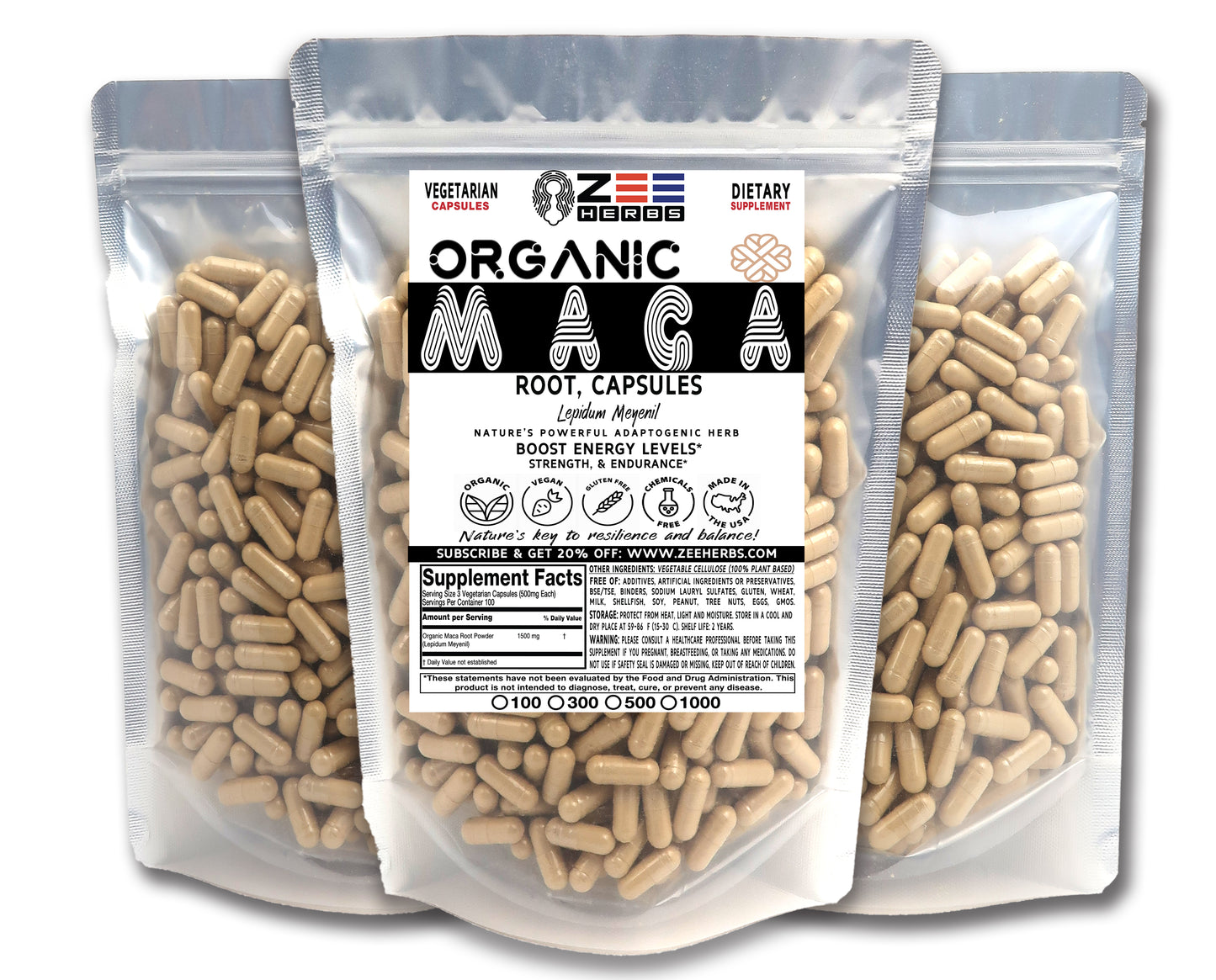 Maca Root Capsules - 1500mg Per Serving of Natural Pure Organic Maca Root Powder